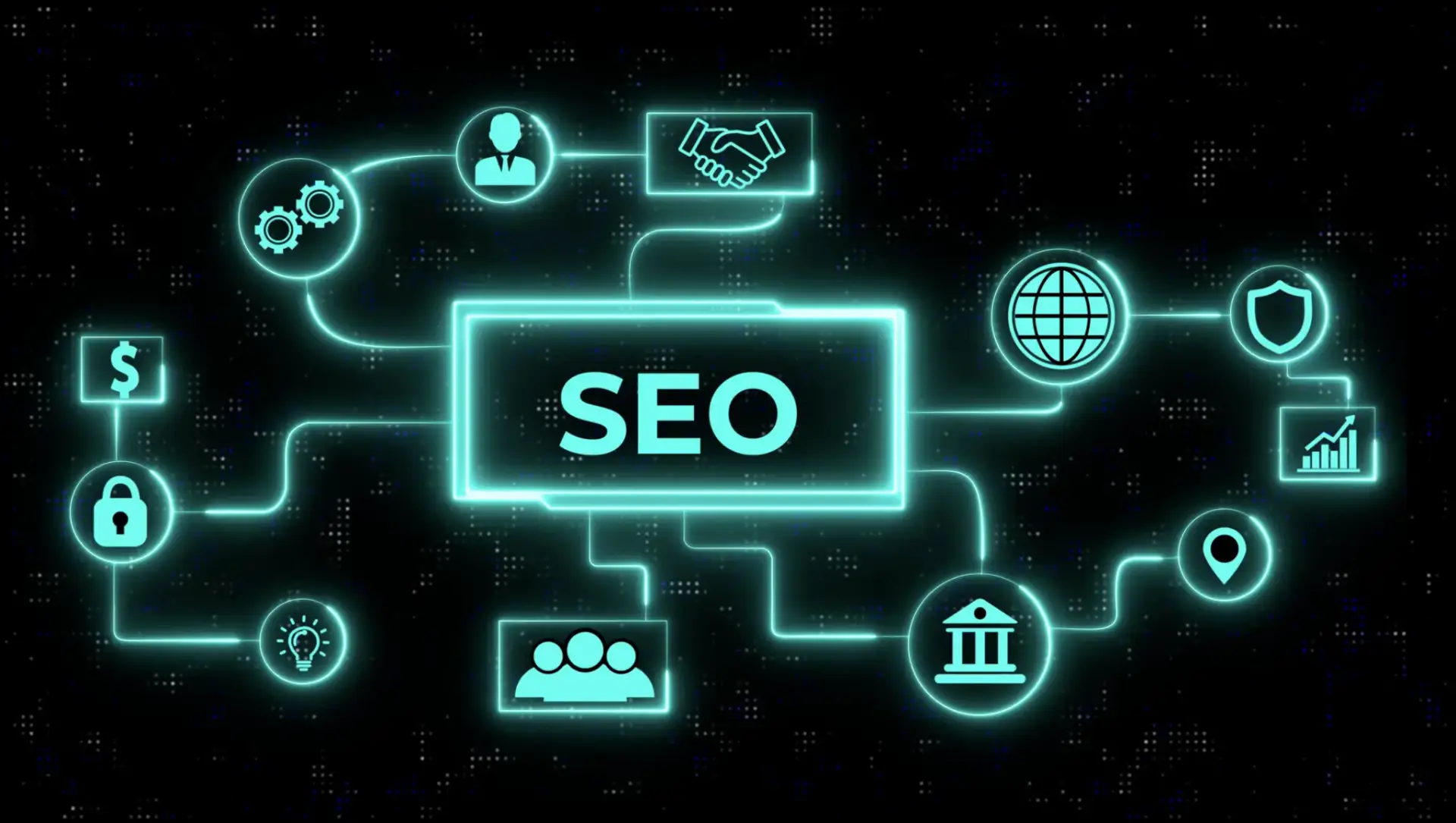 SEO diagram linking a website to search, security and analytics icons