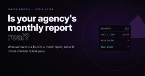 Is your agency monthly report real? Checklist cover showing a reported cost per lead of $0.00