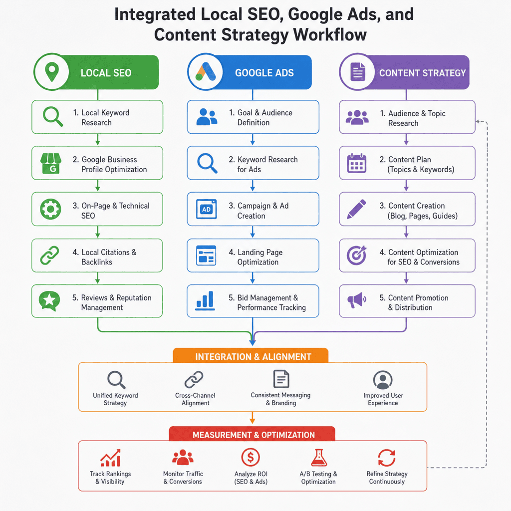 Integrated local SEO, Google Ads, and content strategy workflow