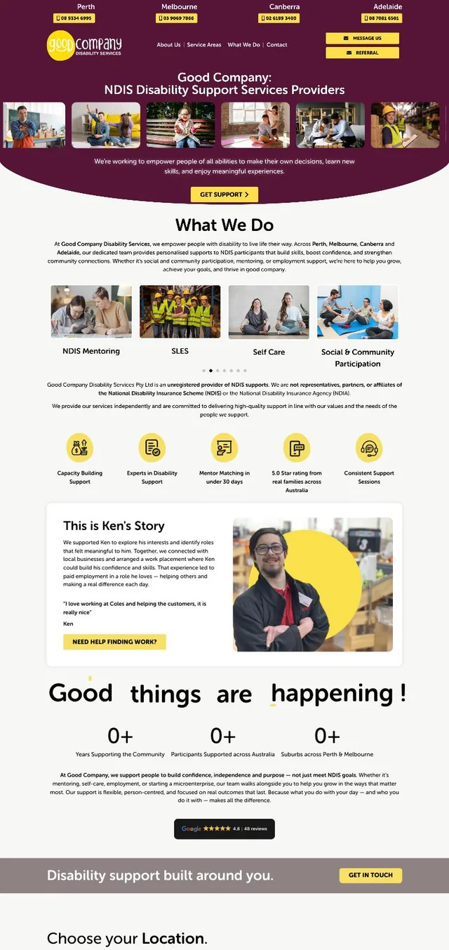 Good Company Disability Services website home page, designed and built by Kraken Digital