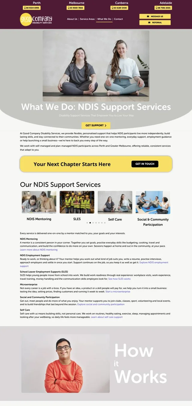 Good Company Disability Services what-we-do page, designed and built by Kraken Digital