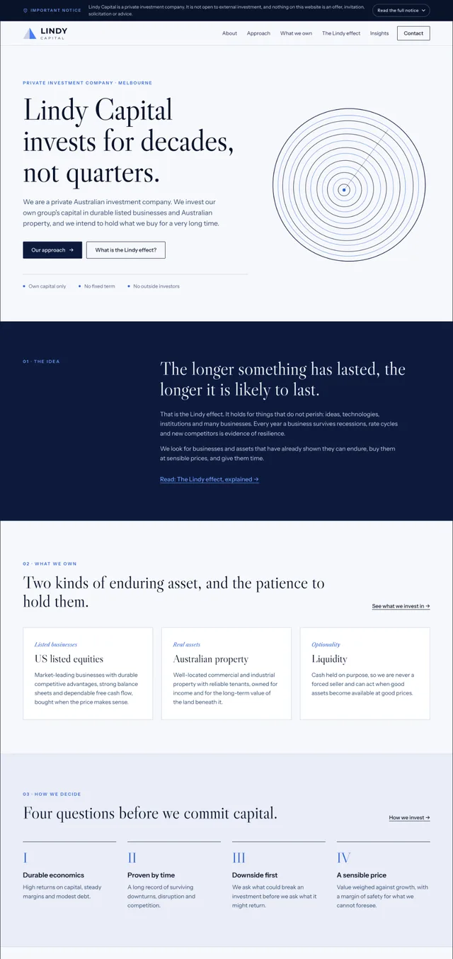 Lindy Capital website home page, designed and built by Kraken Digital