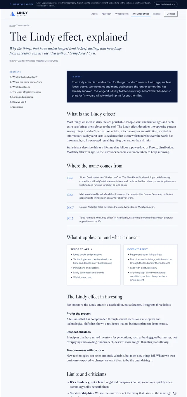 Lindy Capital article page The Lindy effect, designed and built by Kraken Digital