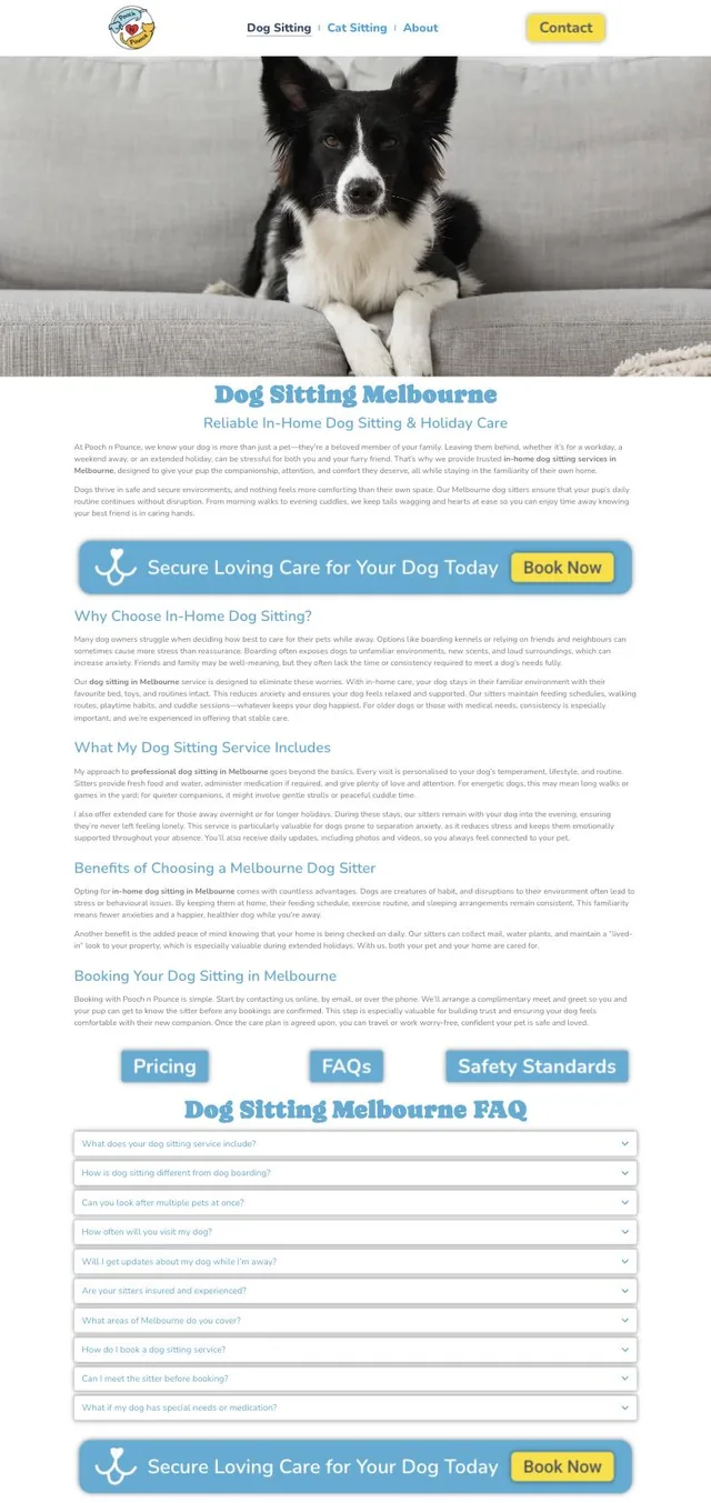 Pooch N Pounce dog sitting Melbourne page, designed and built by Kraken Digital