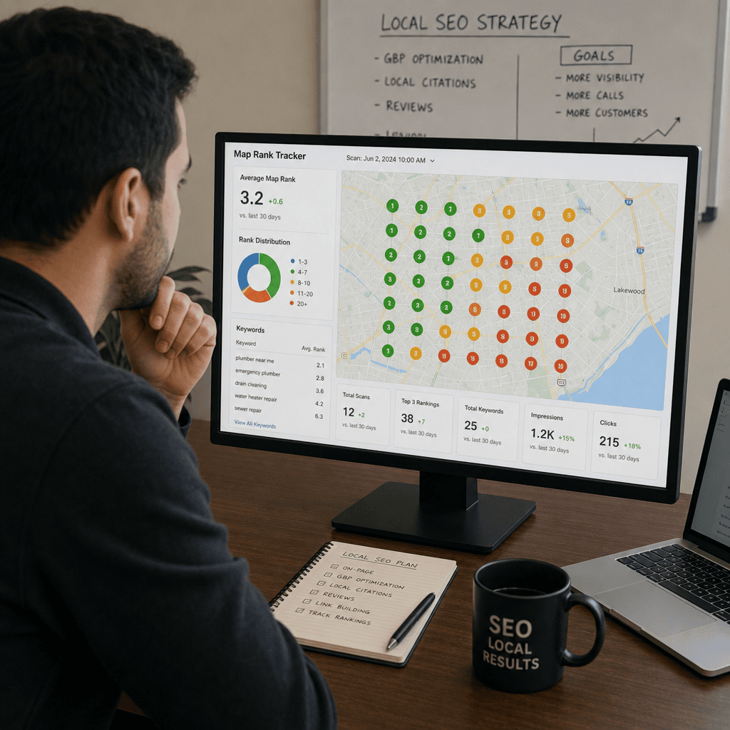 Local SEO specialist reviewing map rankings and analytics dashboard